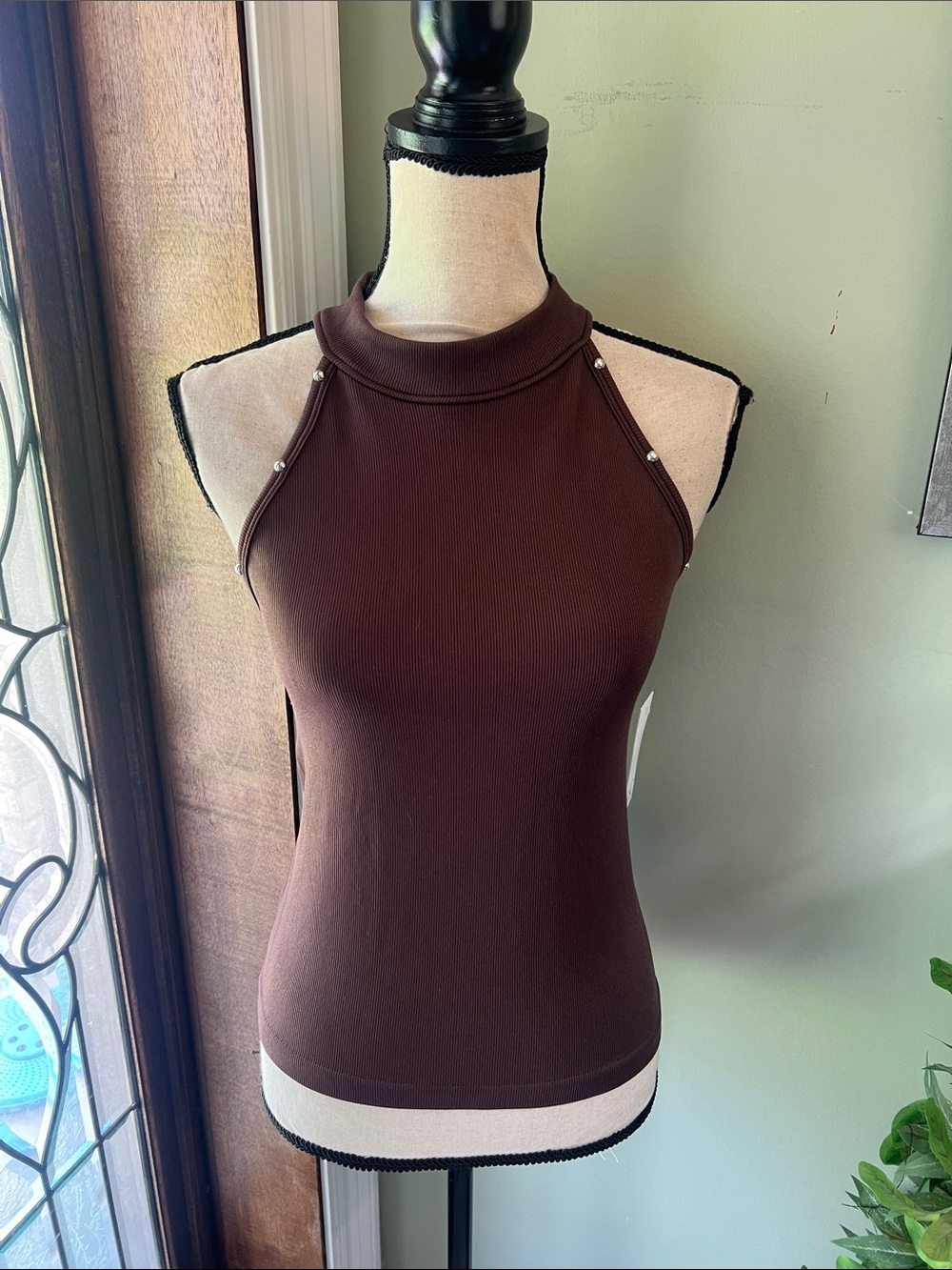 LC Lauren Conrad Brown Mock Neck Tank with Pearl Straps